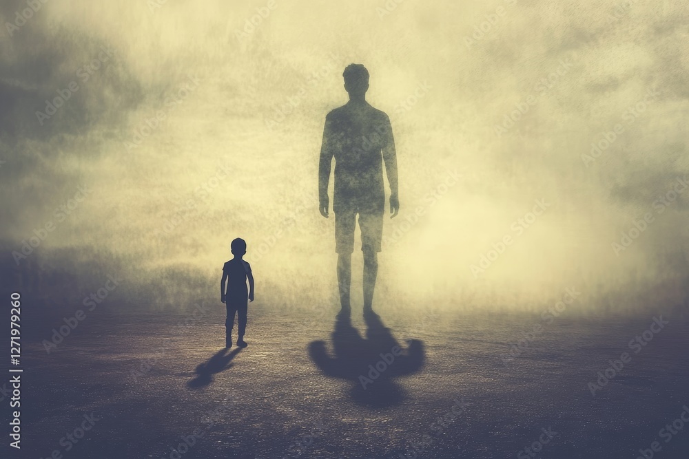 Small child walking toward giant shadow in misty fog Small child walking toward giant shadow in misty fog