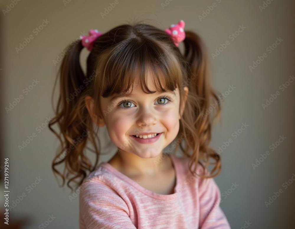A young girl 5-10 years old, resident of USA, with curly hair stands in a well-lit room, wearing a light dress and smiling happily, showcasing her joyful personality and playful spirit. Generative AI A young girl 5-10 years old, resident of USA, with curly hair stands in a well-lit room, wearing a light dress and smiling happily, showcasing her joyful personality and playful spirit. Generative AI