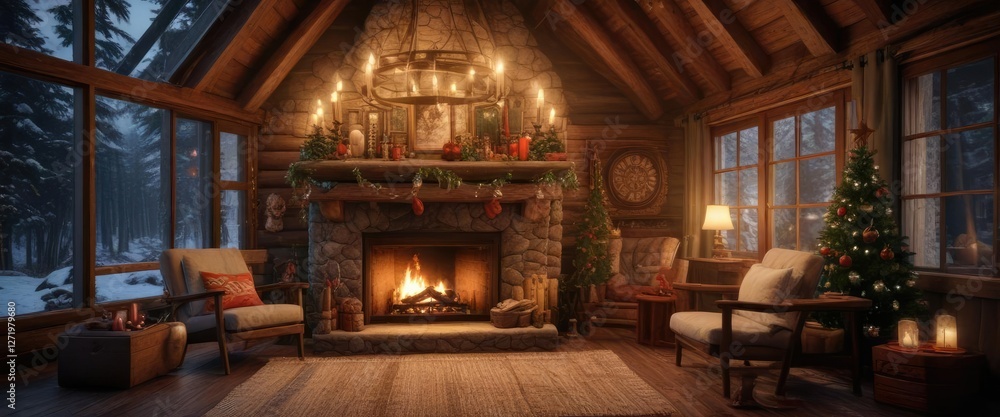Fototapeta premium Cozy cabin with Christmas decorations and fire, warm and welcoming, festive atmosphere