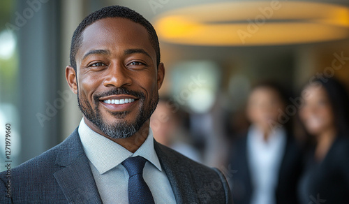 Smiling African American Businessman Standing in Front of Multiethnic Team – Diverse Leadership in Corporate Office