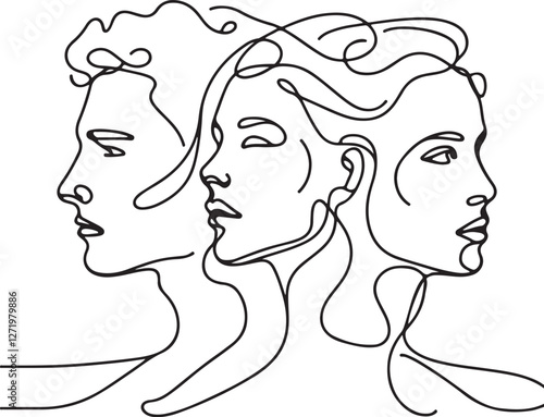 Creative Three Human Heads Line Drawing - Vector Art