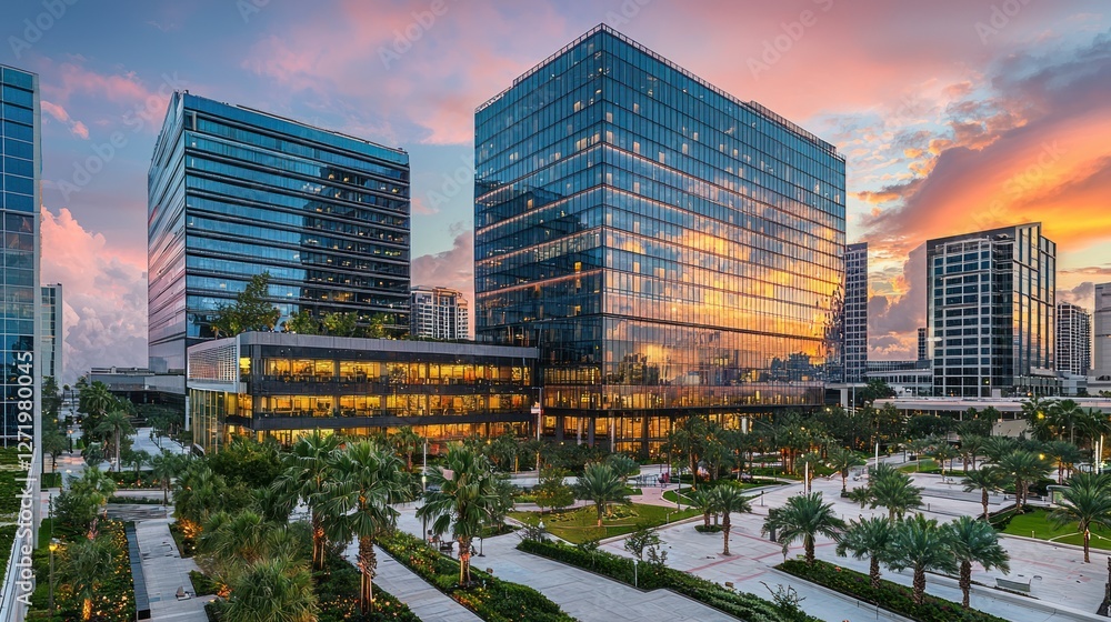 Obraz premium Sunset cityscape view of modern architecture in a vibrant business district