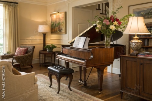 Elegant Piano in Cozy Living Room with Floral Arrangement
