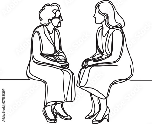 Vintage Line Drawing of Two Old Women Sharing a Moment – Vector Art