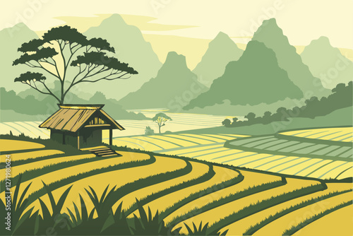  Stunning rural landscape, golden rice fields, traditional thatched hut, misty mountains in background, lush green valleys, dramatic karst peaks, ethereal morning light, Southeast Asian countryside,