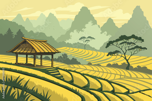  Stunning rural landscape, golden rice fields, traditional thatched hut, misty mountains in background, lush green valleys, dramatic karst peaks, ethereal morning light, Southeast Asian countryside,