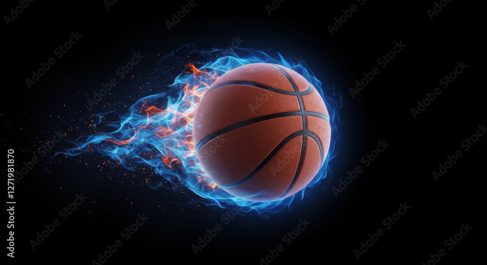 A glowing basketball engulfed in dynamic blue flames showcasing intense energy and motion A glowing basketball engulfed in dynamic blue flames showcasing intense energy and motion