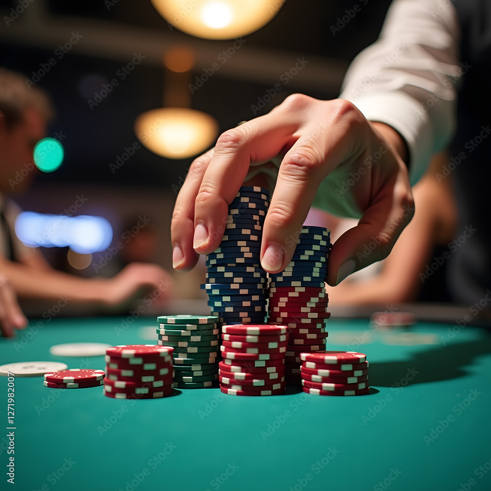 A hand expertly stacks poker chips in vibrant colors at a casino table, capturing the excitement and strategy of a high-stakes game A hand expertly stacks poker chips in vibrant colors at a casino table, capturing the excitement and strategy of a high-stakes game
