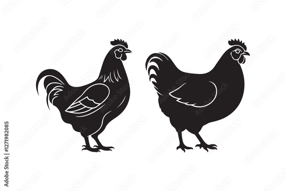 Fototapeta premium Hen Silhouette and Outline Clipart Set for Digital and Print Designs