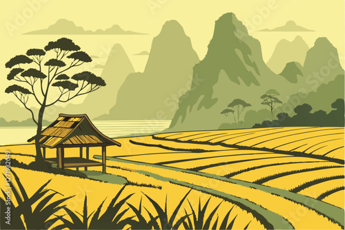  Stunning rural landscape, golden rice fields, traditional thatched hut, misty mountains in background, lush green valleys, dramatic karst peaks, ethereal morning light, Southeast Asian countryside,