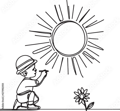 Cute Line Drawing of a Child Sketching Sun on Wall – Vector Illustration