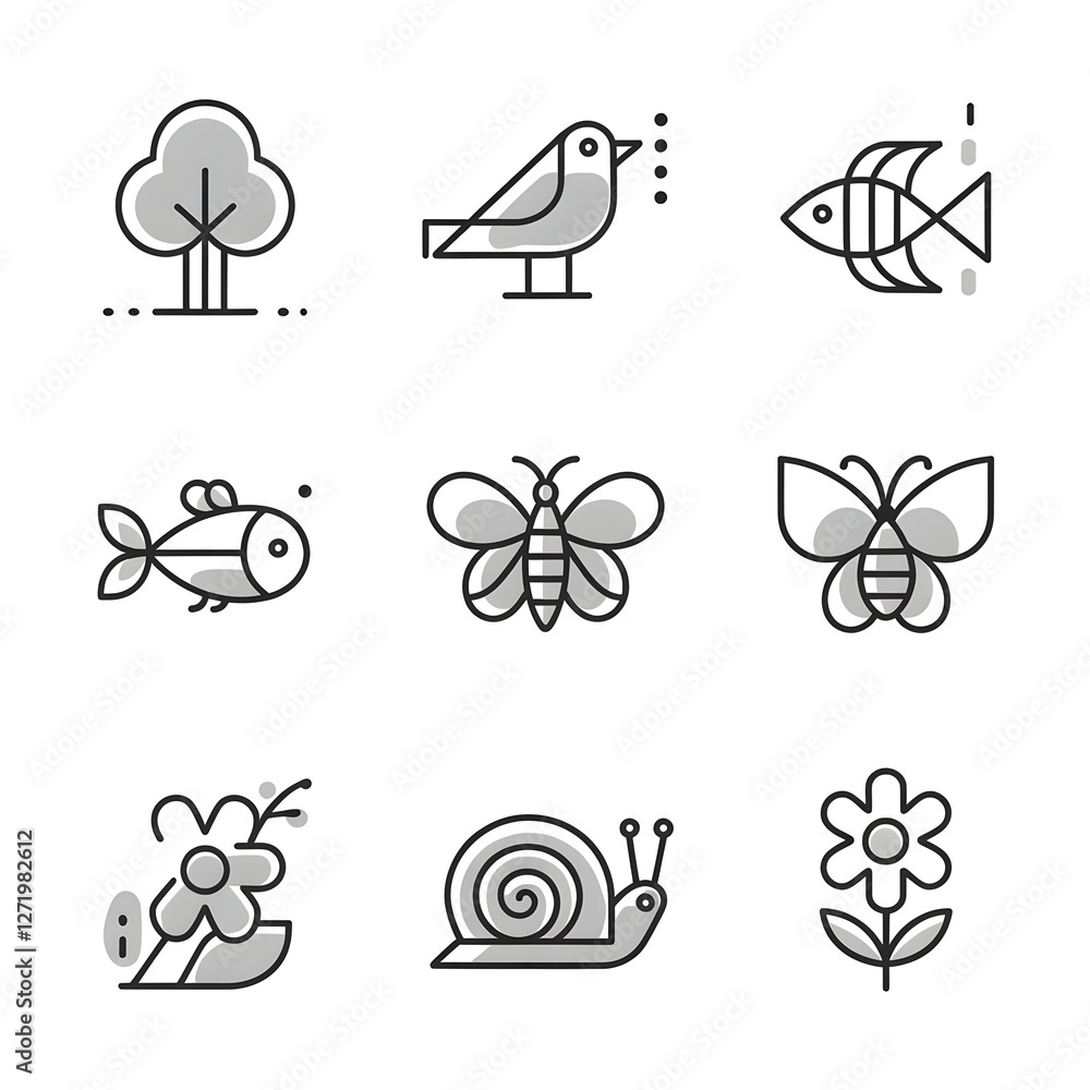 Obraz premium Eco-Friendly Minimalist Vector Set: Botanical Wildlife and Nature-Themed Illustrations with Birds, Bees, Fish & Flowers