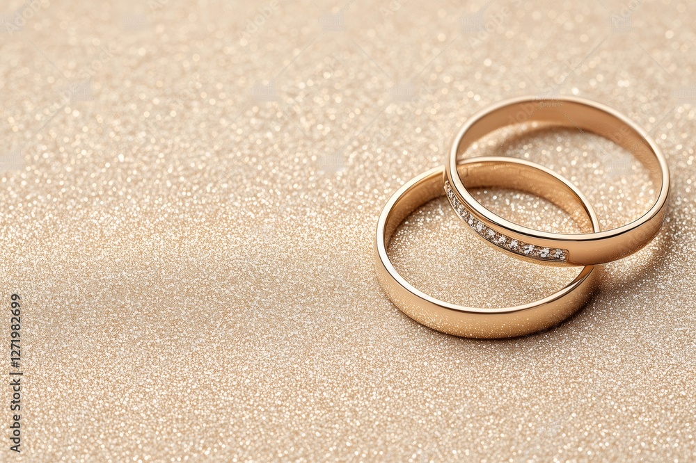 Wedding rings resting on sparkling golden surface, symbolizing romantic union and matrimonial promise Wedding rings resting on sparkling golden surface, symbolizing romantic union and matrimonial promise
