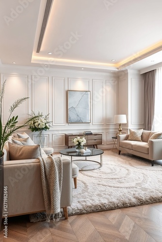 Bright living room with soft neutral colors elegant furniture and decor