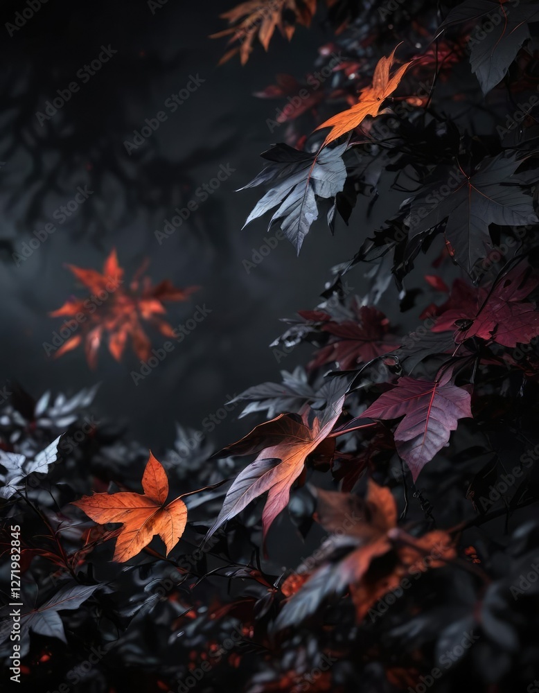 Dark, moody scene with black leaves on a dark background, mysterious, black leaves Dark, moody scene with black leaves on a dark background, mysterious, black leaves