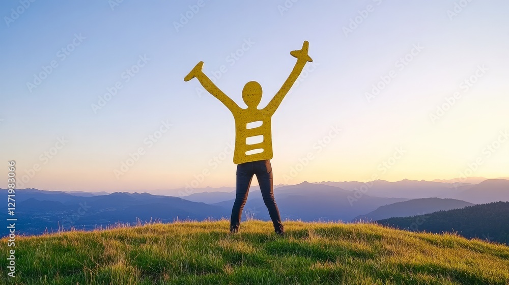 Person standing on hilltop at sunrise raising arms in victory pose symbolizing success achievement and personal empowerment in motivational scenic photography Person standing on hilltop at sunrise raising arms in victory pose symbolizing success achievement and personal empowerment in motivational scenic photography