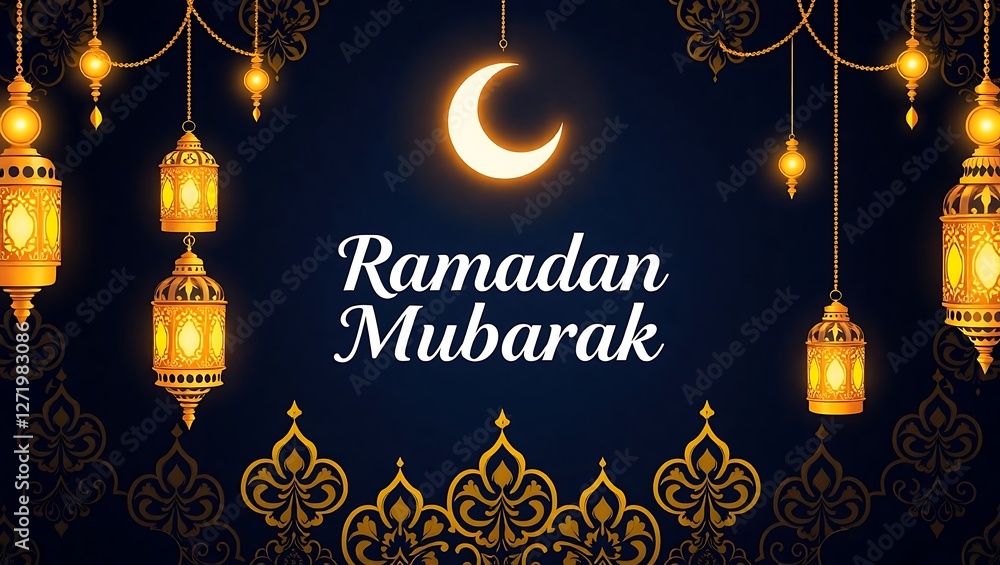 16:9 Ramadan Mubarak Background Design with Glowing Crescent Moon 16:9 Ramadan Mubarak Background Design with Glowing Crescent Moon