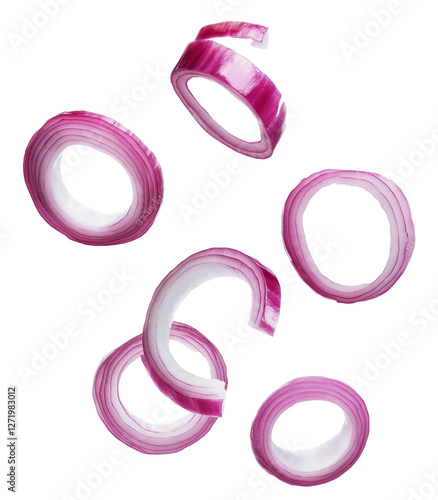 Fresh onion slices falling on transparent background