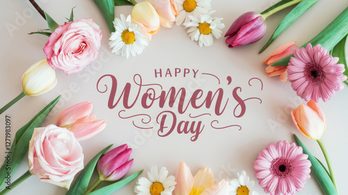 Beautiful composition in pastel colors with "Happy Women's Day" inscription in the center, surrounded by pink flowers like tulips, gerbera, roses. Gentle spring floral arrangement celebrating women.