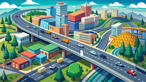 Top view of highway road and bridge in city