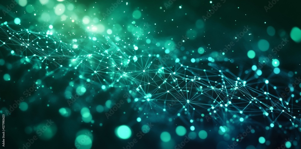 Abstract technology background with interconnected green and blue nodes and lines, creating futuristic digital network. glowing particles add depth and sense of innovation Abstract technology background with interconnected green and blue nodes and lines, creating futuristic digital network. glowing particles add depth and sense of innovation