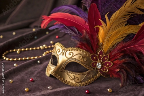 Gold Masquerade Mask with Colorful Feathers on Fabric
