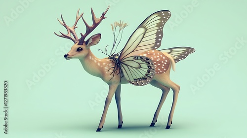 An enchanting deer-butterfly hybrid with delicate wings and graceful pose on a pale mint green solid background,