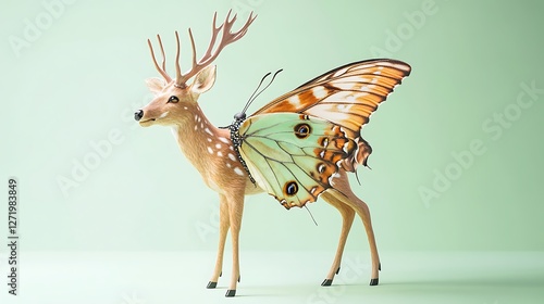 An enchanting deer-butterfly hybrid with delicate wings and graceful pose on a pale mint green solid background,