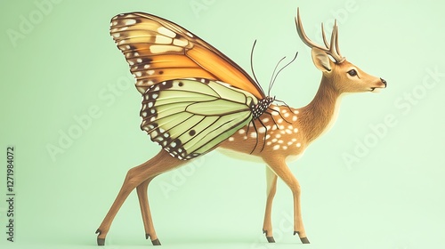 An enchanting deer-butterfly hybrid with delicate wings and graceful pose on a pale mint green solid background,