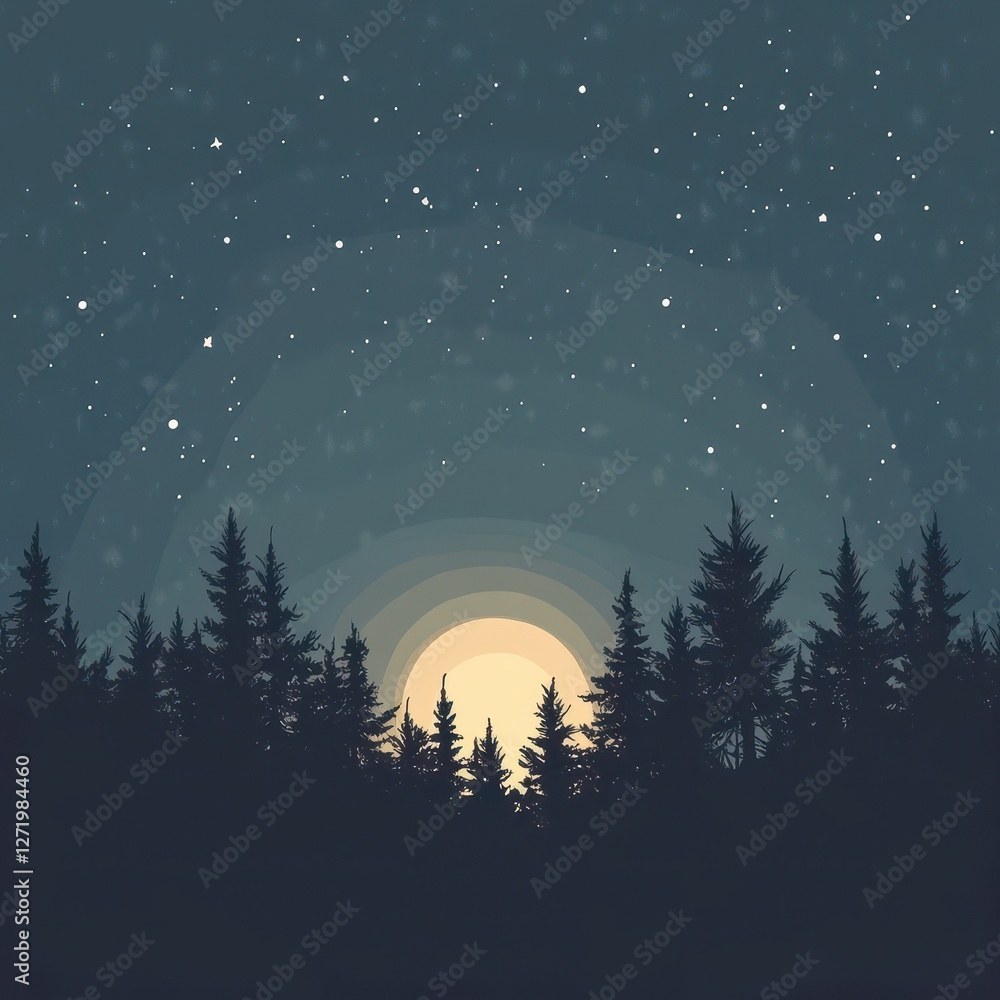 Naklejka premium Silhouette of tall trees against starry night and moon