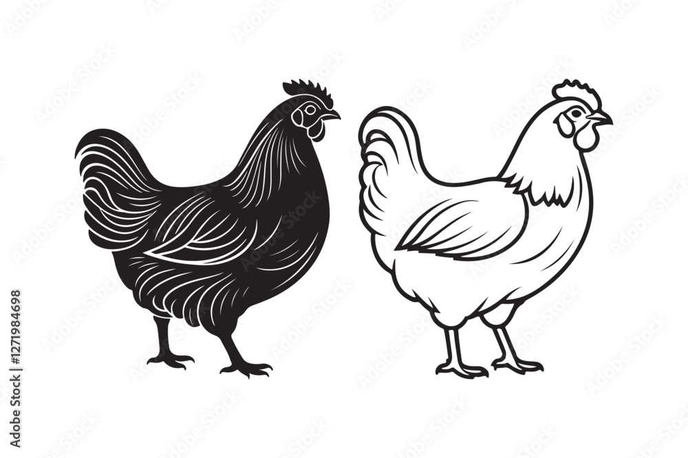 Hen Silhouette and Outline Clipart Set for Digital and Print Designs Hen Silhouette and Outline Clipart Set for Digital and Print Designs