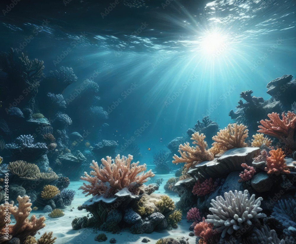 Obraz premium Dreamy underwater scene with a white light glow surrounding coral reefs, glow, coral