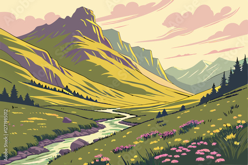  Majestic mountain valley, vibrant green rolling hills, golden sunlight, dramatic shadows, lush meadows, winding river, colorful wildflowers, ethereal atmosphere, pastel sky, wispy clouds, dream-lik