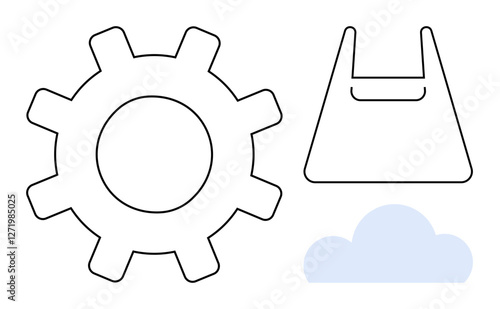 Gear, shopping bag, and cloud outline represent mechanisms, commerce, and digital connectivity. Ideal for technology, business, online shopping, cloud computing industrial processes digital