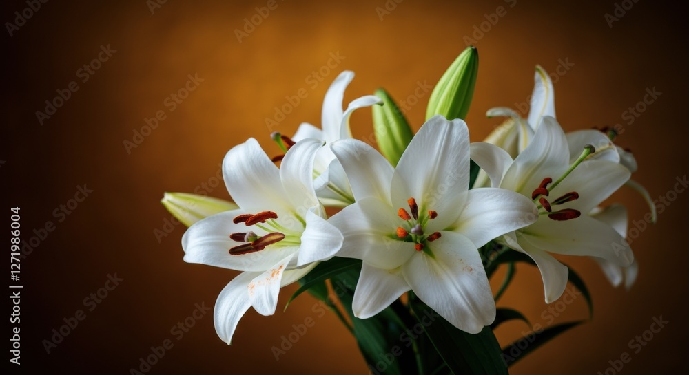 Obraz premium Beautiful white lilies in a vase against a warm, blurred background