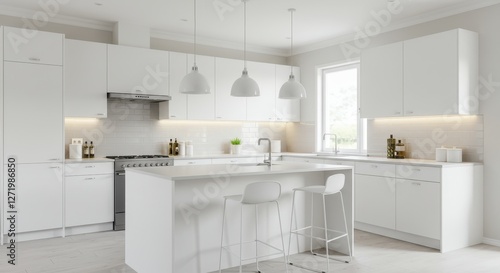 Wallpaper Mural A bright and minimalist modern kitchen with all white cabinetry clean lines and a spacious island. Natural light streams through large windows, enhancing the sleek, contemporary design. Torontodigital.ca