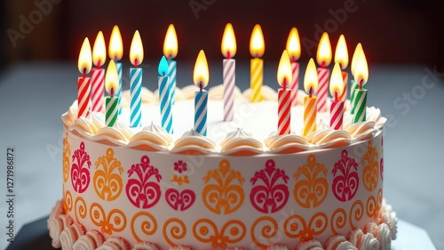 Elegant and refined colorful birthday cake featuring an assortment of tastefully arranged candles in classic patterns, traditional decor, sophisticated celebrations, elegant dessert styles