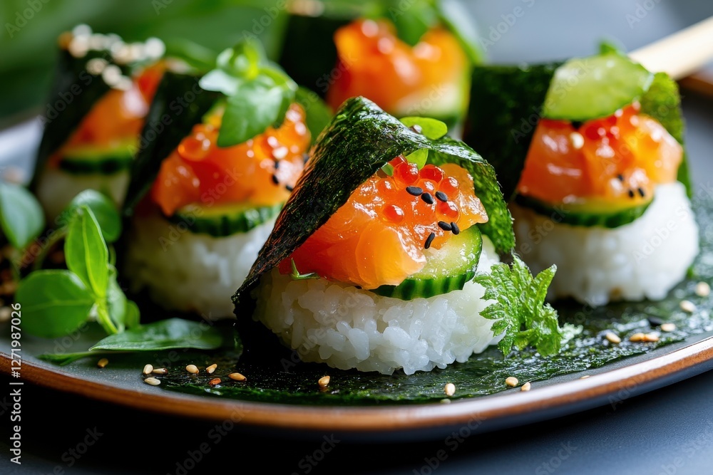 Close-up of delicious onigiri rice balls with savory filling for culinary inspiration. Close-up of delicious onigiri rice balls with savory filling for culinary inspiration.