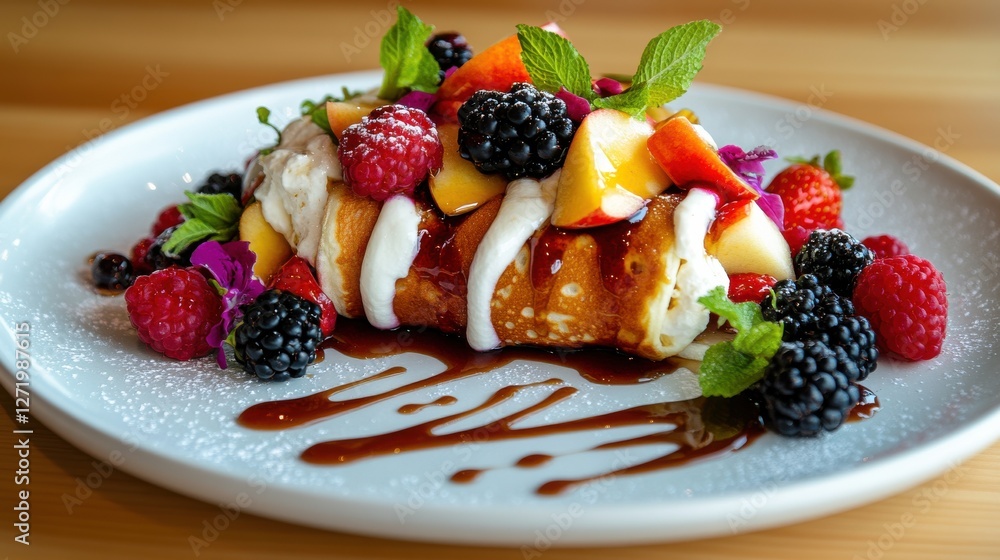 Delicious apple and blackcurrant crepes with fresh berries and mint - perfect for brunch or dessert inspirations. Delicious apple and blackcurrant crepes with fresh berries and mint - perfect for brunch or dessert inspirations.