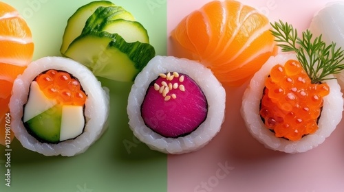 Artistic flat lay of colorful temari sushi with vibrant toppings.