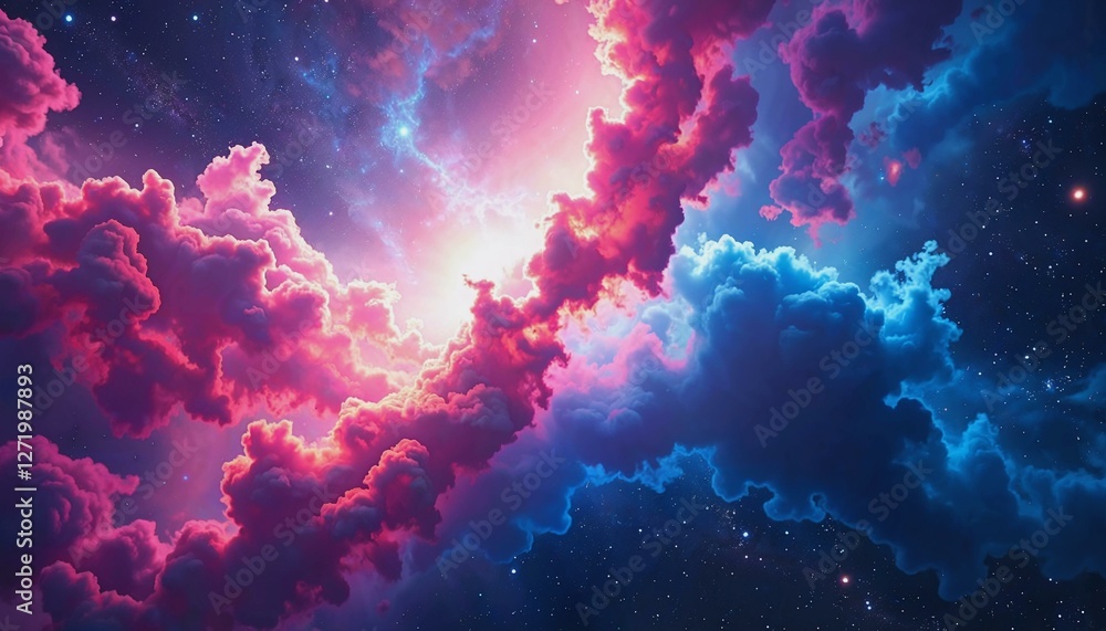 Fototapeta premium Colorful nebula with radiant pink and blue hues lighting up the cosmic void