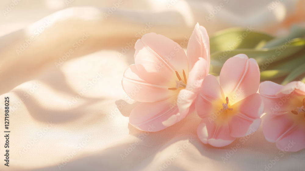 Fototapeta premium Soft pink tulips on delicate fabric in warm sunlight