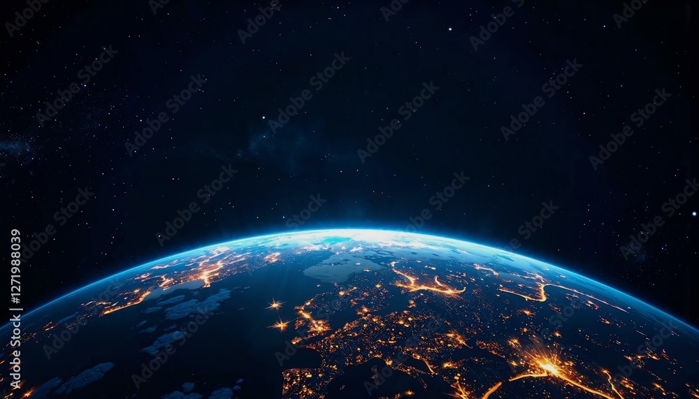 Naklejka premium Cosmic perspective of Earth at night showcasing vibrant city lights against a black void
