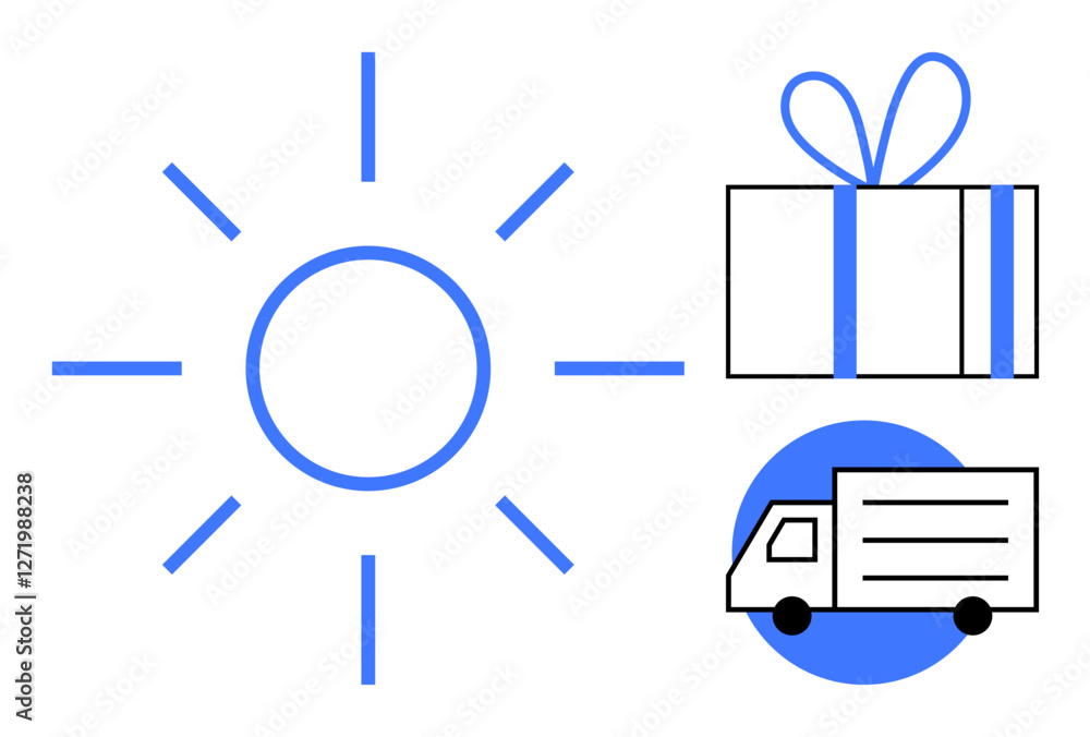 Sun with rays, gift box with ribbon, and delivery truck. Ideal for ecommerce, logistics, gift services, weather, delivery apps celebrations and online shopping themes. Line metaphor Sun with rays, gift box with ribbon, and delivery truck. Ideal for ecommerce, logistics, gift services, weather, delivery apps celebrations and online shopping themes. Line metaphor