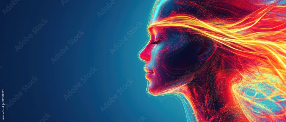 Serene woman with flowing energy: Abstract portrait of a female with vibrant, flowing energy emanating from her hair and body, symbolizing power, aura, and spiritual connection Concepts of mindfulness Serene woman with flowing energy: Abstract portrait of a female with vibrant, flowing energy emanating from her hair and body, symbolizing power, aura, and spiritual connection Concepts of mindfulness