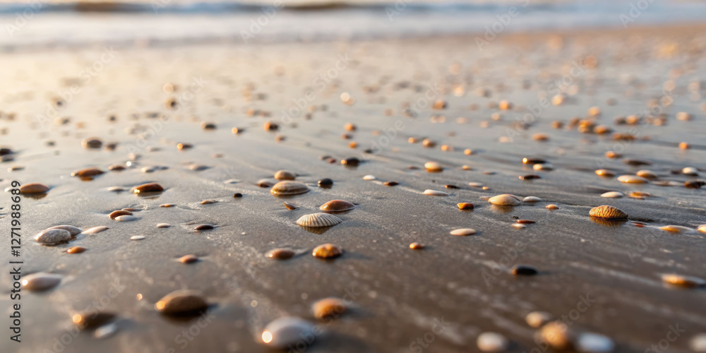 Panoramic view of shells on sandy shoreline at sunset nature close-up photography coastal serenity Panoramic view of shells on sandy shoreline at sunset nature close-up photography coastal serenity