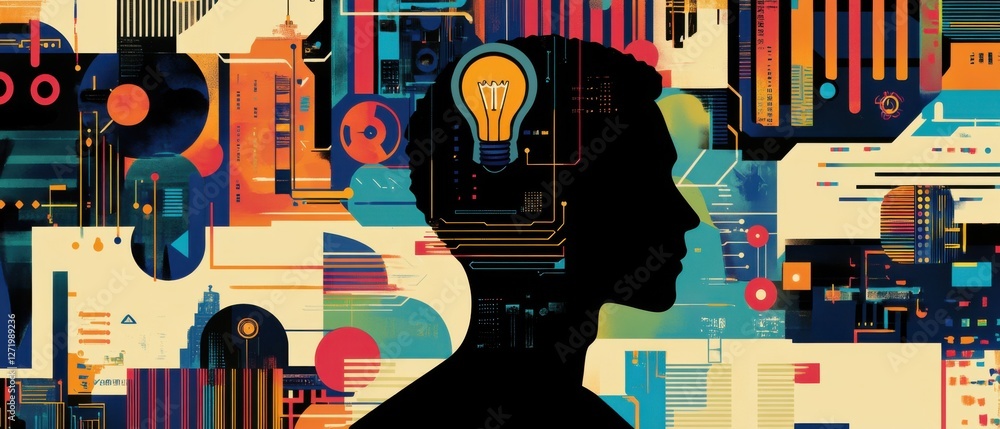 Obraz premium Silhouette of a person with a lightbulb inside their head, surrounded by colorful abstract shapes and circuit board patterns Concept of innovation, technology, ideas, and creativity
