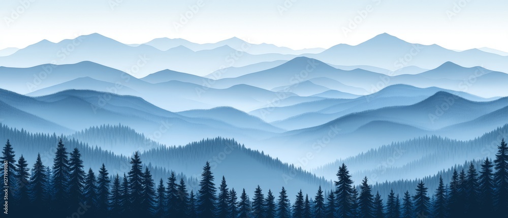 Obraz premium Blue layered mountain landscape with misty pine forests atmospheric depth and natural scenery creating serene calming peaceful nature inspired vector background