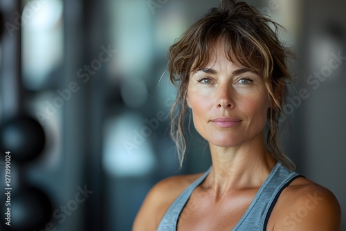 Sweaty sporty woman poses confidently after a workout in a gym. Generative AI. Free Download Sweaty sporty woman poses confidently after a workout in a gym. Generative AI. - GFXLoad