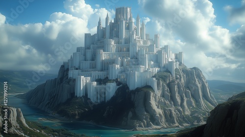 A majestic white castle perched atop a towering mountain with intricate architecture and glowing windows under a bright blue sky